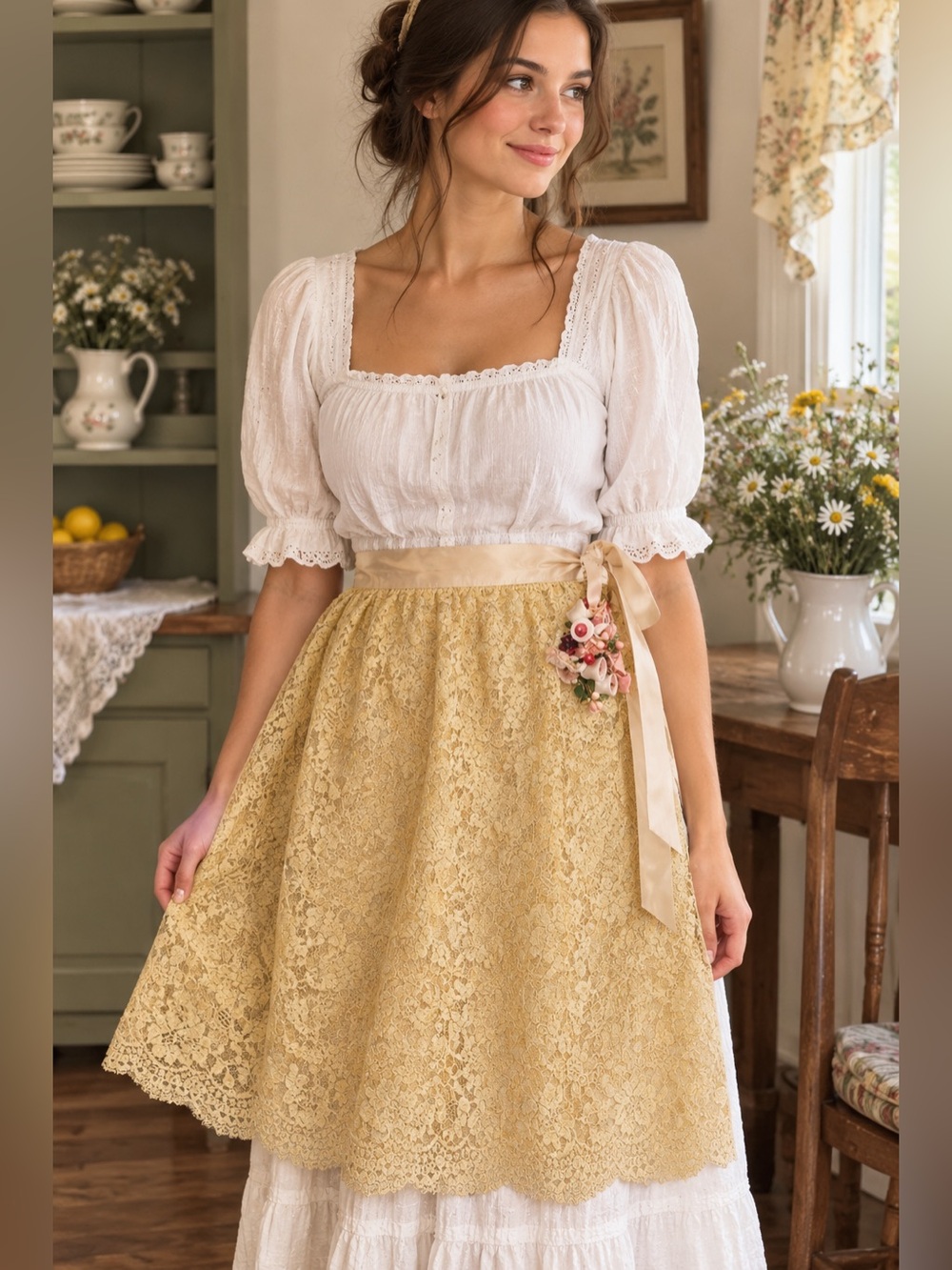 Vintage 60s - 70s era Lace Apron with Floral Accent cottagecore romantic